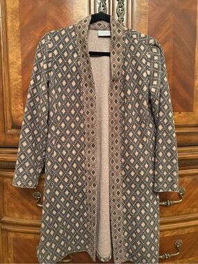 Susan Graver Taupe, Gold and Gray Open-Front Diamond Pattern Cardigan Coat